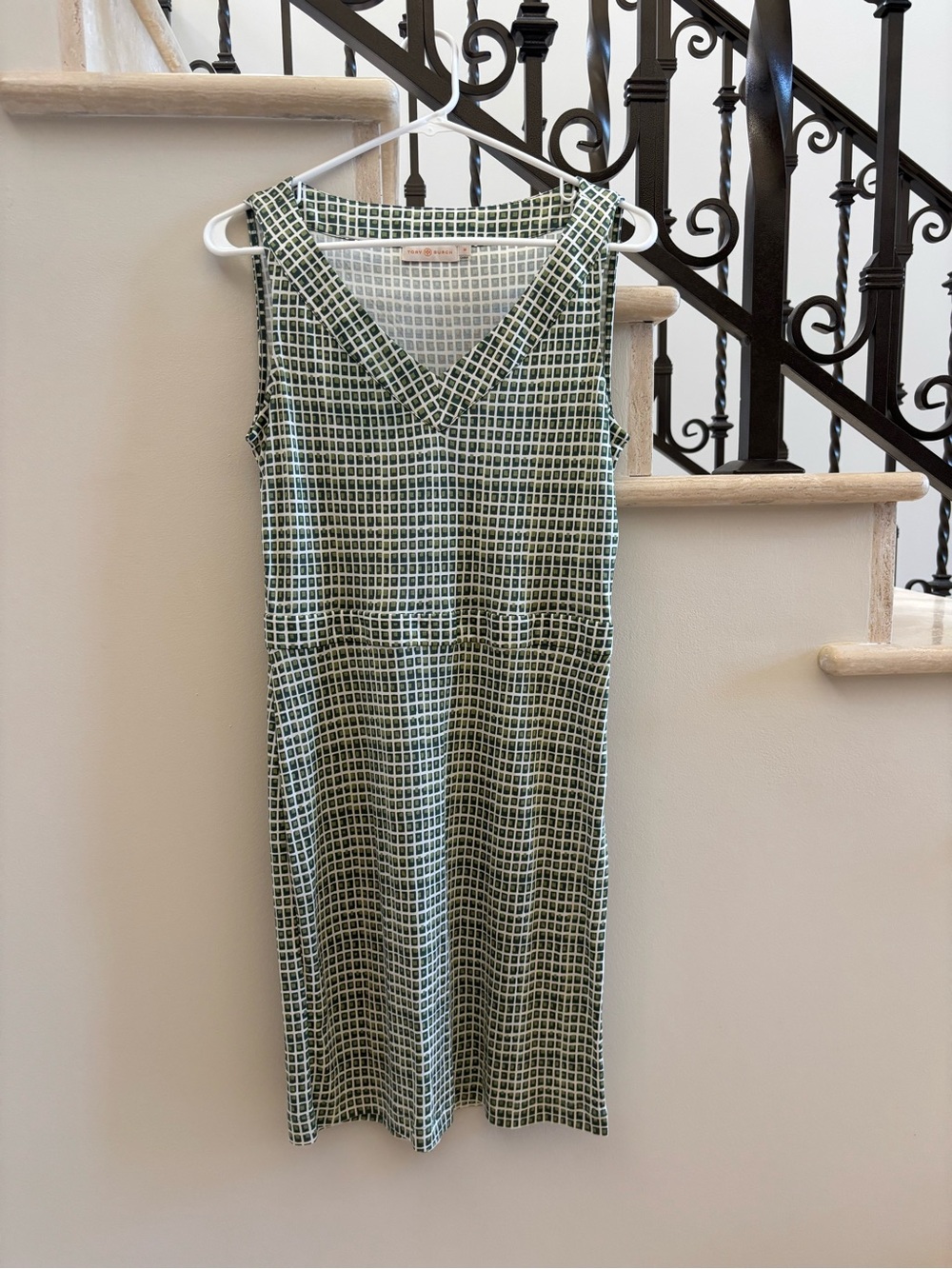 Tory Burch Green and White Geometric V-Neck Midi Dress